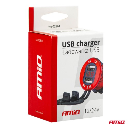 Amio - ΠΡΙΖΑ ΦΟΡΤΙΣΗΣ ΜΕ 2 ΘΥΡΕΣ USB ΚΑΙ ΨΗΦΙΑΚΟ ΒΟΛΤΟΜΕΤΡΟ ΜΕ ΚΑΠΑΚΙ ΚΟΚΚΙΝΗ 12/24V 5V 3.1A MOD-11 - 1 τεμ. (02861/AM)