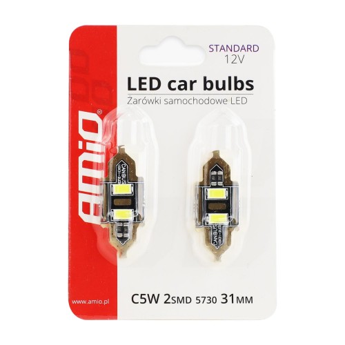 Amio – LED Λαμπάκια Πλαφονιέρας 31mm 12V 5600K 2xSMD 5730 για Εσωτερικό Φωτισμό Αυτοκινήτου – 2 Τεμ. (01448/AM)