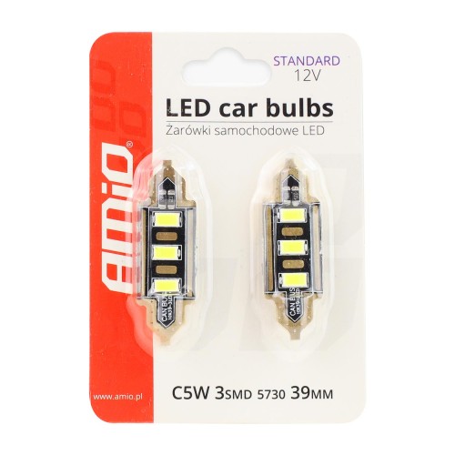 Amio – LED Λαμπάκια Πλαφονιέρας C5W 39mm 12V 0.5W 5600K 3xSMD 5730 για Αυτοκίνητο – 2 Τεμ. (01450/AM)