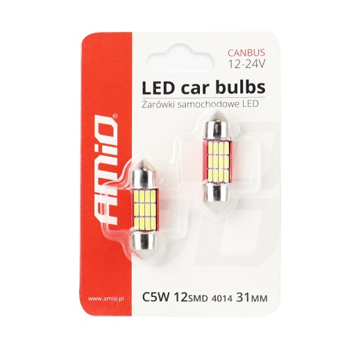 Amio – Λαμπάκια Πλαφονιέρας LED 31mm C5W C10W 12/24V 2W 5600K 12xSMD 4014 CANBUS για Καθαρό Φωτισμό Εσωτερικού – Σετ 2 Τεμ. (01631/AM)