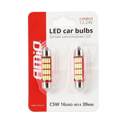Amio – Λαμπάκια Πλαφονιέρας LED 39mm C5W C10W 12/24V 2.2W 5600K 14xSMD 4014 CANBUS για Ισχυρό Φωτισμό Εσωτερικού – Σετ 2 Τεμ. (01633/AM)