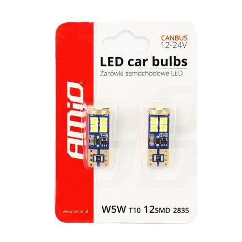 Amio – Λαμπάκια LED T10 W5W 12/24V 2.3W 5600K 12xSMD 2835 CANBUS Καρφωτά για Ισχυρό Λευκό Φωτισμό χωρίς Σφάλματα – Σετ 2 Τεμ. (01636/AM)