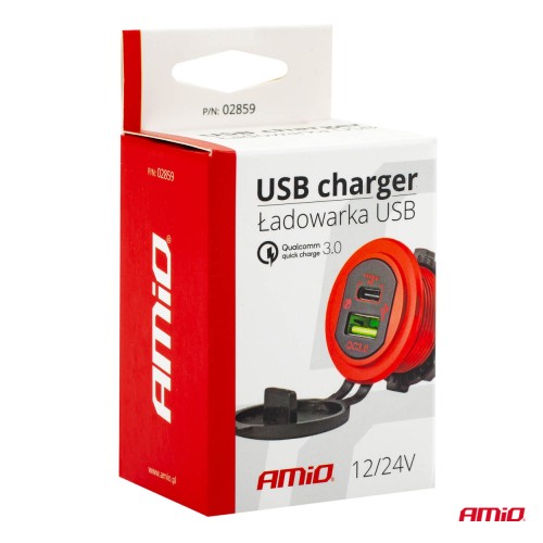 Amio - ΠΡΙΖΑ ΦΟΡΤΙΣΗΣ ΜΕ 2 ΘΥΡΕΣ USB + TYPE C ΚΑΙ ΚΑΠΑΚΙ ΚΟΚΚΙΝΗ 12/24V 5-12V 3.0A QUICK CHARGER MOD-09 -1 ΤΕΜ. (02859/AM)