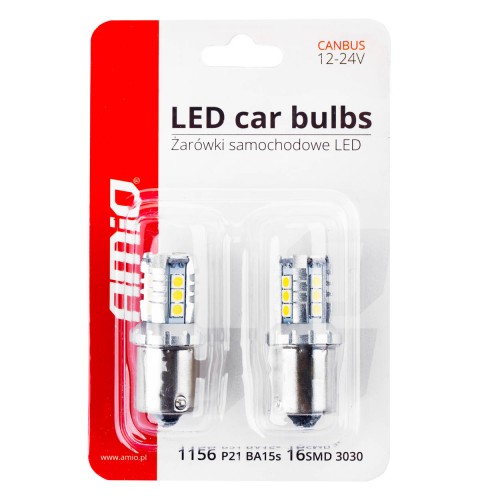 Amio - R5W/R10W P21W BA15S 12/24V 16xSMD 3030 LED ΛΕΥΚΟ CAN-BUS 2ΤΕΜ. (02796/AM)