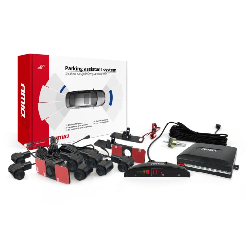AMiO – Σύστημα Παρκαρίσματος 12V με 8 Αισθητήρες Inside Mount 16,5mm σε Μαύρο χρώμα και Οθόνη LED, ελιχθείτε περιμετρικά με απόλυτη ψηφιακή ακρίβεια εκατοστού – 1 Τεμ. (02256/AM)