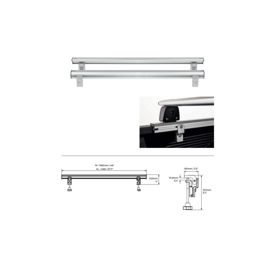 ΒΑΣΕΙΣ ΣΤΗΡΙΞΗΣ ΑΛΟΥΜΙΝΙΟΥ TBR FIXING PROFILE KIT M 116,6 cm ΣΕ ΑΣΗΜΙ ΧΡΩΜΑ ΜΕ ΥΠΟΔΟΧΕΣ T-SYSTEM ΓΙΑ ΜΠΑΡΕΣ TBR ΚΑΡΟΤΣΑΣ ΣΕ PICKUP ΚΑΙ ΑΓΡΟΤΙΚΑ ΟΧΗΜΑΤΑ MENABO - 2 ΤΕΜ.