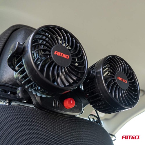 Amio - ΑΝΕΜΙΣΤΗΡΑΣ ΔΙΠΛΟΣ 12V 2χ4''(10,8cm) ΜΕ ΦΙΣ ΑΝΑΠΤΗΡΑ/2 USB 5V & ΣΤΗΡΙΞΗ ΣΤΟ ΠΡΟΣΚΕΦΑΛΟ - 1 TEM. (03009/AM)