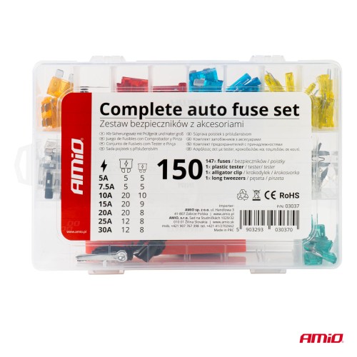 Amio - ΑΣΦΑΛΕΙΕΣ STANDARD/MICRO ΜΕ ΔΟΚΙΜΑΣΤΙΚΟ ΚΑΤΣΑΒΙΔΙ 6-24V & ΕΡΓΑΛΕΙΟ ΑΦΑΙΡΕΣΗΣ SET - 150 ΤΕΜ. (03037/AM)