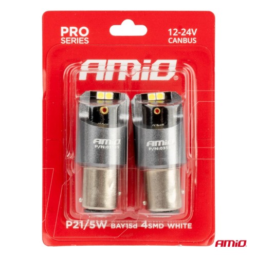 Amio - ΛΑΜΠΑΚΙΑ P21/5W BAY15d 12/24V 6.000K 4xSMD LED CAN-BUS ΛΕΥΚΟ PRO SERIES - 2 Τεμ. (03585/AM)