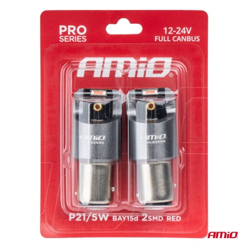 Amio - ΛΑΜΠΑΚΙΑ P21/5W BAY15d 12/24V 6.000K 2xSMD LED FULL CAN-BUS ΚΟΚΚΙΝΟ PRO SERIES - 2 Τεμ. (03596/AM)