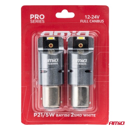 Amio - P21/5W BAY15s 12/24V 6.000K 2xSMD LED(ΜΕ ΑΝΕΜΙΣΤΗΡΑΚΙ) FULL CAN-BUS ΛΕΥΚΟ PRO SERIES - 2 Τεμ. (03605/AM)