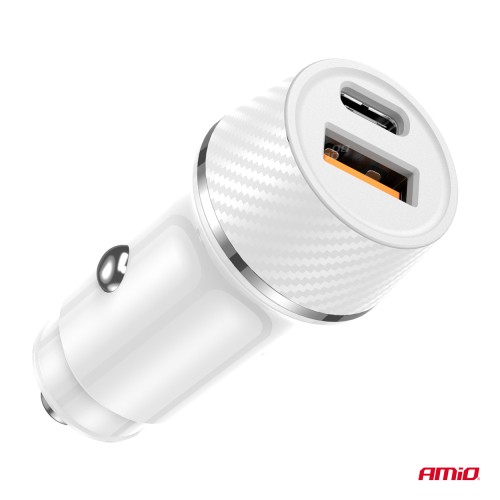 Amio - ΦΟΡΤΙΣΤΗΣ ΑΝΑΠΤΗΡΑ 12/24V ΜΕ 2 ΘΥΡΕΣ USB-C+USB 20W 5V/3AQC ΤΑΧΕΙΑΣ ΦΟΡΤΙΣΗΣ ΛΕΥΚΟΣ - 1 Τεμ. (03878/AM)