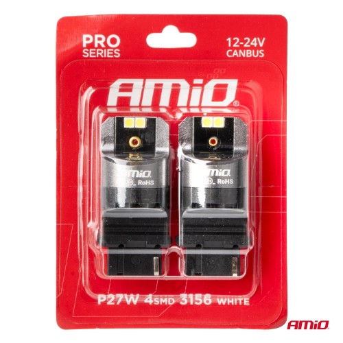 Amio - ΛΑΜΠΕΣ P27W 12/24V 6.000K 4SMD LED CAN-BUS ΛΕΥΚΑ PRO SERIES - 2 ΤΕΜ. (03587/AM)
