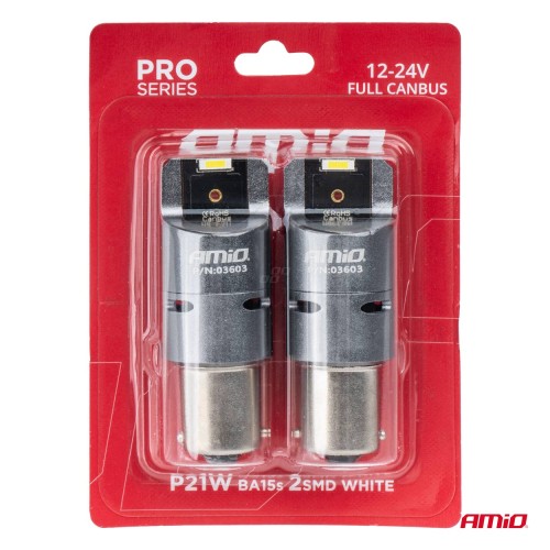 Amio - ΛΑΜΠΕΣ P21W BA15S 12/24V 6.000K 2xSMD LED FULL CAN-BUS (ΜΕ ΑΝΕΜΙΣΤΗΡΑΚΙ) ΛΕΥΚΟ PRO SERIES - 2 ΤΕΜ. (03603/AM)