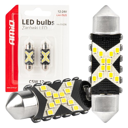 Amio - ΛΑΜΠΑΚΙΑ ΠΛΑΦΟΝΙΕΡΑΣ 36mm 12/24V C5W 5500K 12xSMD 2016 CAN-BUS FESTOON (ΛΕΥΚΟ) - 2 ΤΕΜ. (04236/AM)