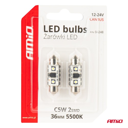 Amio - ΛΑΜΠΑΚΙΑ ΠΛΑΦΟΝΙΕΡΑΣ 36mm 12/24V C5W 5500K 12xSMD 3838 CAN-BUS FESTOON (ΛΕΥΚΟ) - 2 ΤΕΜ. (04248/AM)