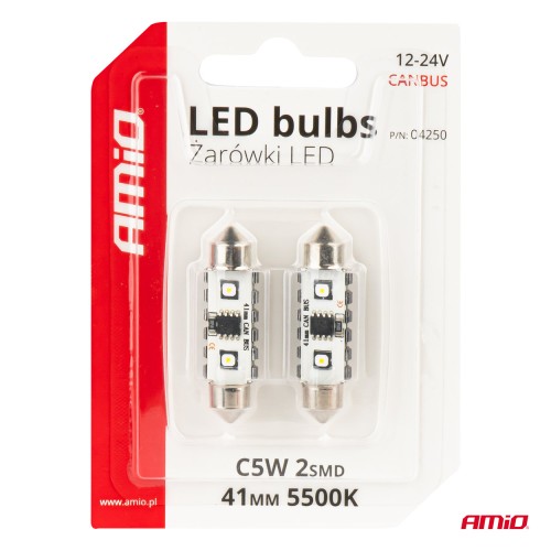 Amio - ΛΑΜΠΑΚΙΑ ΠΛΑΦΟΝΙΕΡΑΣ 41mm 12/24V C5W 5500K 12xSMD 3838 CAN-BUS FESTOON (ΛΕΥΚΟ) - 2 ΤΕΜ. (04250/AM)