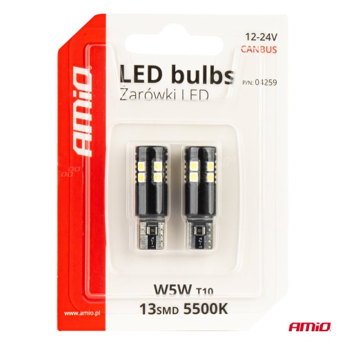 Amio - ΛΑΜΠΑΚΙΑ T10 W5W 12V/24V LED CAN-BUS 13xSMD 3030 ΛΕΥΚΟ 5500K - 2 ΤΕΜ. (04259/AM)
