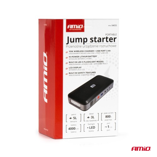 Amio - ΕΚΚΙΝΗΤΗΣ ΜΠΑΤΑΡΙΑΣ - STARTER POWERBANK 12V 4000mAh 800A ΜΕ ΟΘΟΝΗ LCD & ΑΣΥΡΜΑΤΗ ΦΟΡΤΙΣΗ - 1 τεμ. (04055/AM)