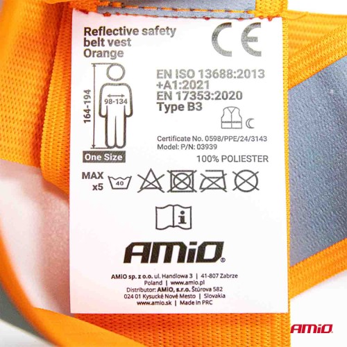 Amio - ΖΩΝΗ ΑΣΦΑΛΕΙΑΣ ΑΝΑΚΛΑΣΤΙΚΗ ΜΕ ΧΙΑΣΤΙ ΤΙΡΑΝΤΕΣ ΠΟΡΤΟΚΑΛΙ (ΦΩΣΦΟΡΙΖΕ/ΠΟΛΥΕΣΤΕΡΙΚΟ) - 1 ΤΕΜ. (03939/AM)