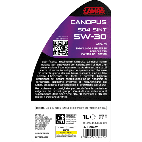 ΛΑΔΙ ΚΙΝΗΤΗΡΑ SW-30 CANOPUS 504 SINT ΣΥΝΘΕΤΙΚΟ TOP PERFORMANCE 1L LAMPA - 1 ΤΕΜ.