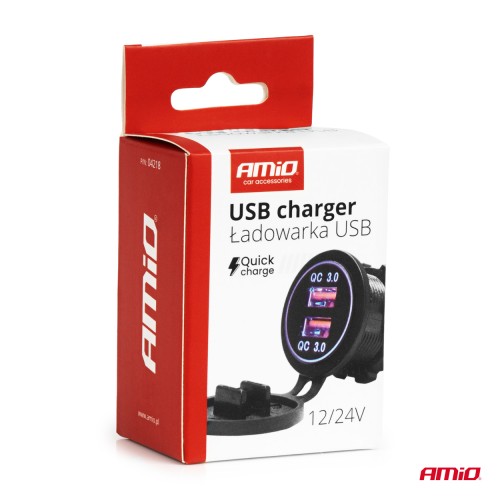 Amio - ΠΡΙΖΑ ΜΕ 2 ΘΥΡΕΣ USB ΚΑΙ ΚΑΠΑΚΙ 12/24V QUICK CHARGE 3.0 ΑΔΙΑΒΡΟΧΗ ΜΕ ΜΠΛΕ LED ΦΩΣ ΜΑΥΡΗ - 1 ΤΕΜ. (04218/AM)