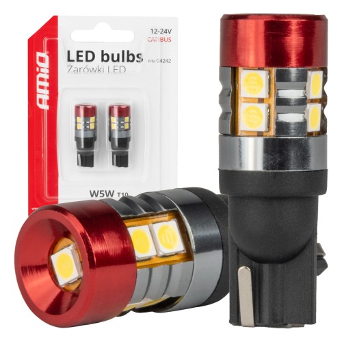 Amio - Λαμπάκια LED CAN Bus Αυτοκινήτου & Φορτηγού τύπου T10 W5W με τάση λειτουργίας 12V/24V 9xSMD 3030 με Λευκό Χρώμα Απόχρωσης 5.500k (Σε χρώμα Κόκκινο-Μαύρο) - 2 Τεμ. (04242/AM)
