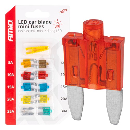 Amio - Ασφάλειες Mini Blade (Μαχαιρωτές) με LED Ένδειξη Καμένης Ασφάλειας & Εργαλείο Αφαίρεσης για Άμεσο Έλεγχο Ηλεκτρικού Κυκλώματος OE - 10 Τεμ. (04340/AM)