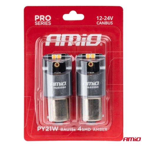 Amio - ΛΑΜΠΕΣ LED CAN-BUS PΥ21W BAU15S 12/24V 6.000K 4xSMD ΠΟΡΤΟΚΑΛΙ PRO SERIES - 2 ΤΕΜ. (03584/AM)