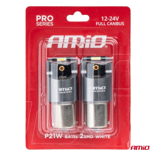 Amio - ΛΑΜΠΕΣ LED CAN-BUS P21W BA15S 12/24V 6.000K 2xSMD ΛΕΥΚΟ PRO SERIES - 2 ΤΕΜ. (03593/AM)