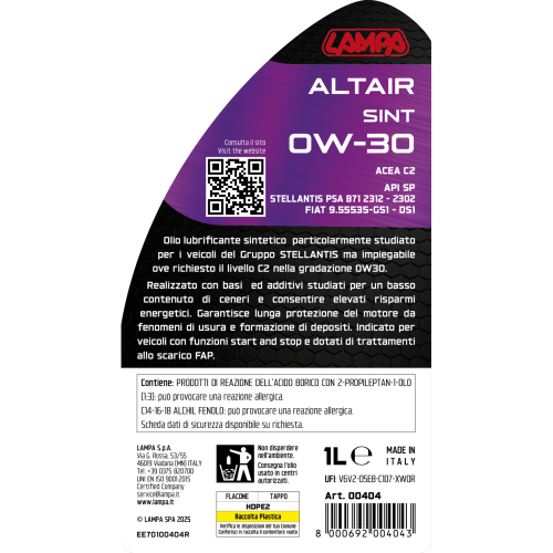 ΛΑΔΙ ΚΙΝΗΤΗΡΑ 0W30 ΣΥΝΘΕΤΙΚΟ ALTAIR SINT ACEA 2 /API SP /STELLANTIS PSA B71 2312-2302 1LT LAMPA - 1 τεμ.