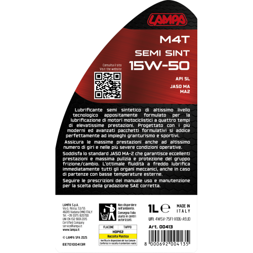 Lampa - Λάδι Κινητήρα Moto M4T Semi Sint 15W50 Ημισυνθετικό για Τετράχρονους Κινητήρες 1Lt - 1 τεμ. (L0041.3)