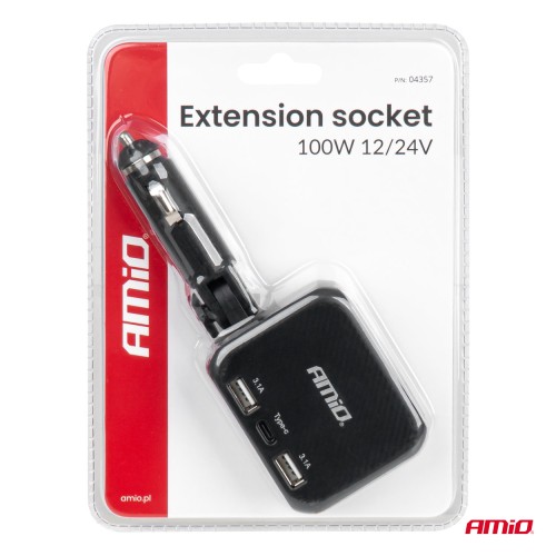 Amio - ΑΝΤΑΠΤΟΡΑΣ ΑΝΑΠΤΗΡΑ 12/24V 100W ΜΑΥΡΟΣ/2 ΘΕΣΕΙΣ/1xUSB-A+1xUSB-C/ΠΕΡΙΣΤΡΟΦΗ 180 ΜΟΙΡΩΝ - 1 ΤΕΜ. (04357/AM)