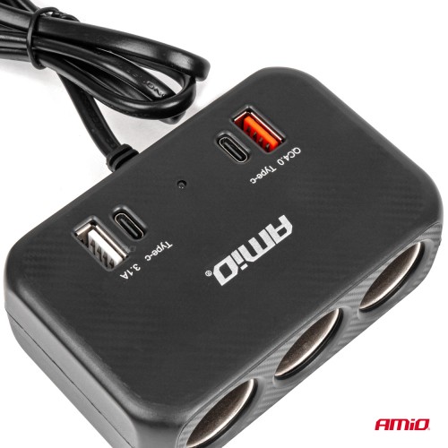 Amio - ΑΝΤΑΠΤΟΡΑΣ ΑΝΑΠΤΗΡΑ 12/24V 120W ΜΑΥΡΟΣ/3 ΘΕΣΕΙΣ/1xUSB-A+1xUSB-C QC 4.0 ΤΑΧΕΙΑΣ ΦΟΡΤΙΣΗΣ/ΚΑΛΩΔΙΟ 80cm - 1 Τεμ. (04365/AM)