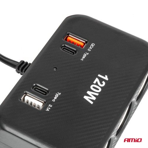 Amio - ΑΝΤΑΠΤΟΡΑΣ ΑΝΑΠΤΗΡΑ 12/24V 120W ΨΗΦΙΑΚΟΣ ΜΑΥΡΟΣ/3 ΘΕΣΕΙΣ/2xUSB-A + 1xUSB-C QC 4.0 ΜΕ ΚΑΛΩΔΙΟ 80cm - 1 Τεμ. (04366/AM)