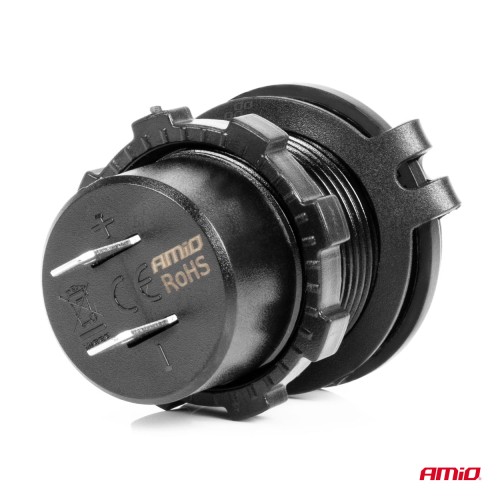 Amio - ΠΡΙΖΑ ΜΕ 2 ΘΥΡΕΣ USB ΚΑΙ ΨΗΦΙΑΚΟ ΒΟΛΤΟΜΕΤΡΟ ΜΕ ΔΙΑΚΟΠΤΗ+ΚΑΠΑΚΙ 12/24V QUICKCHARGE3.0 ΑΔΙΑΒΡΟΧΗ ΜΑΥΡΗ - 1 τεμ. (04222/AM)