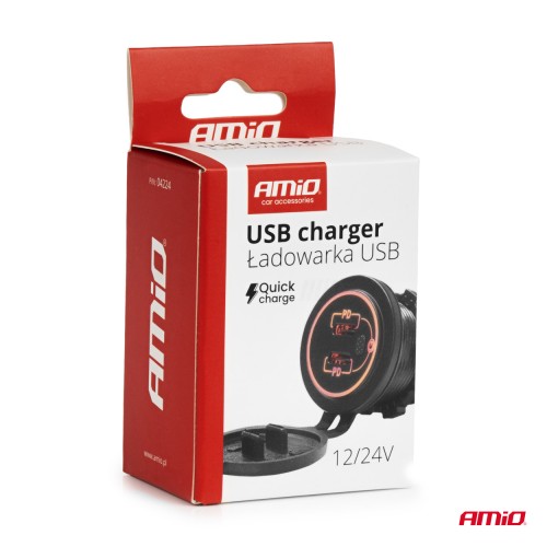 Amio - ΠΡΙΖΑ ΜΕ 2 ΘΥΡΕΣ USB-C ΜΕ ΔΙΑΚΟΠΤΗ ΚΑΙ ΚΑΠΑΚΙ 12/24V ΑΔΙΑΒΡΟΧΗ ΜΕ ΚΟΚΚΙΝΟ LED ΦΩΣ ΜΑΥΡΗ - 1 Τεμ. (04224/AM)