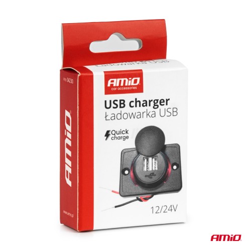 Amio - ΠΡΙΖΑ ΜΕ 2 ΘΥΡΕΣ USB ΚΑΙ ΚΑΠΑΚΙ 12/24V ΑΔΙΑΒΡΟΧΗ ΤΕΤΡΑΓΩΝΟ ΣΧΗΜΑ ΜΕ ΚΟΚΚΙΝΟ LED ΦΩΣ ΜΑΥΡΗ - 1 Τεμ. (04230/AM)