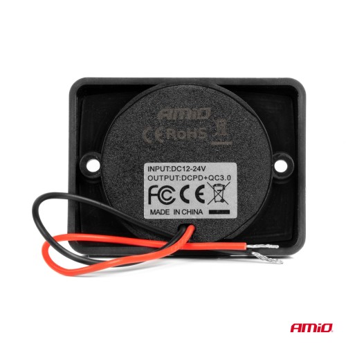 Amio - ΠΡΙΖΑ ΜΕ 2 ΘΥΡΕΣ-USB+USB-C ΚΑΙ ΚΑΠΑΚΙ 12/24V QUICK CHARGE 3.0 ΑΔΙΑΒΡΟΧΗ ΤΕΤΡΑΓΩΝΟ ΣΧΗΜΑ ΜΑΥΡΗ - 1 Τεμ. (04231/AM)