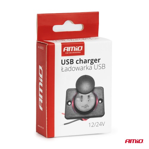 Amio - ΠΡΙΖΑ ΜΕ 2 ΘΥΡΕΣ USB ΚΑΙ ΚΑΠΑΚΙ 12/24V ΑΔΙΑΒΡΟΧΗ ΤΕΤΡΑΓΩΝΟ ΣΧΗΜΑ ΜΕ ΚΟΚΚΙΝΟ LED ΦΩΣ ΜΑΥΡΗ - 1 Τεμ. (04232/AM)