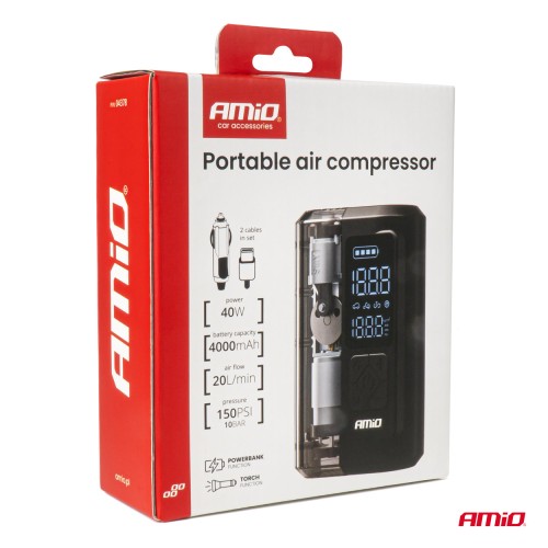Amio - ΚΟΜΠΡΕΣΕΡ ΑΕΡΑ ΕΠΑΝΑΦΟΡΤΙΖΟΜΕΝΟ 12V & USB-C 10BAR 150PSI 20L/MIN 40W 1ΤΕΜ. (04378/AM)