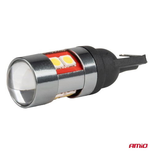 Amio - Λάμπες LED CAN Bus T10 W5W (W2.1x9.5d) Universal για Επιβατικά Αυτοκίνητα & Φορτηγά με τάση 12V-48V & 9xSMD 3030 σε Λευκή απόχρωση 5500K Chrome/Black - Σετ 2 τεμ. (04244/AM)