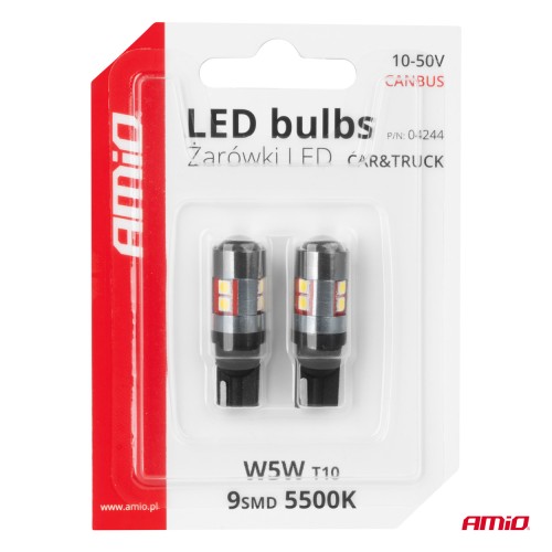 Amio - Λάμπες LED CAN Bus T10 W5W (W2.1x9.5d) Universal για Επιβατικά Αυτοκίνητα & Φορτηγά με τάση 12V-48V & 9xSMD 3030 σε Λευκή απόχρωση 5500K Chrome/Black - Σετ 2 τεμ. (04244/AM)