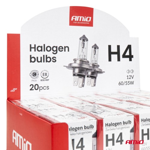 Amio Σετ Λαμπτήρων Αλογόνου H4 12V 60/55W με UV Φίλτρο (E8) 20τεμ. (04401/AM)