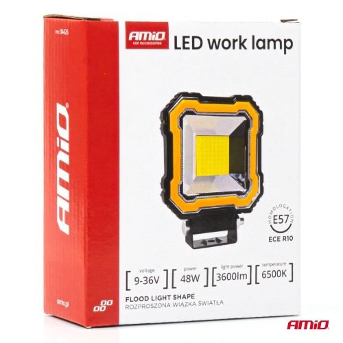 Amio - Προβολέας Εργασίας LED AWL82 FLOOD 48W 3600lm 6500K με σταθερή Κίτρινη LED μπάρα – 9–36V - 1 τεμ. (04426/AM)
