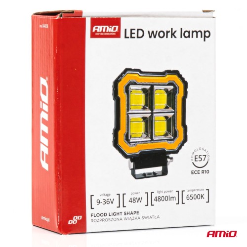 Amio - Προβολέας Εργασίας LED AWL84 FLOOD 48W 4800lm 6500K με σταθερή Κίτρινη LED μπάρα – 9–36V - 1 τεμ. (04428/AM)