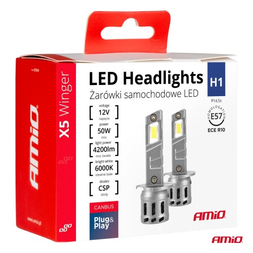 Amio - Λάμπες LED Αυτοκινήτου X5 WINGER H1 6000K 30W CANBUS 2936LM - 2 Τεμ. (03943/AM)