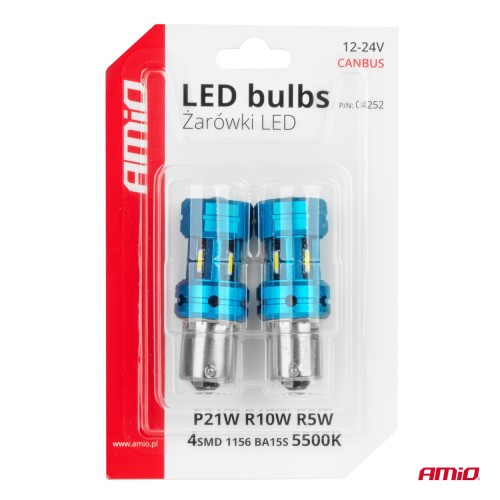 Amio - Λάμπες LED Αυτοκινήτου CANBUS 1156 BA15S P21W 4SMD 1860 6000K Λευκή – Universal 12V/24V - 2 Τεμ. (04252/AM)