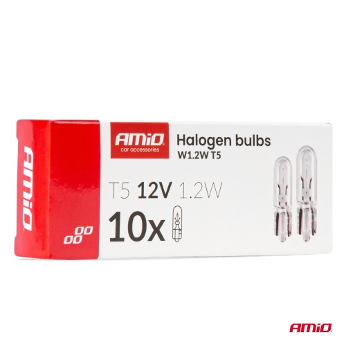 Amio - Λάμπες Αλογόνου T5 12V 1.2W Βάση W2x4.6d Λευκές για Φωτισμό Καντράν & Διακοπτών - 10 τεμ. (04412/AM)
