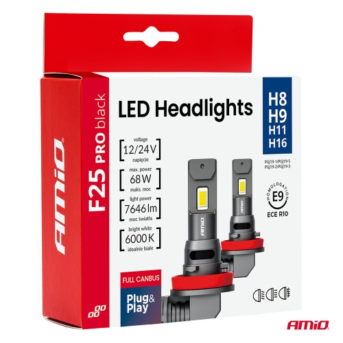 Amio - Λαμπτήρες LED F25 PRO Black Edition H8/H9/H11/H16 68W 12-24V Full CAN Bus με Φωτεινότητα 7646lm σε Ψυχρό Λευκό 6000K για Επιβατικά Αυτοκίνητα & Φορτηγά - Σετ 2 τεμ. (04721/AM)